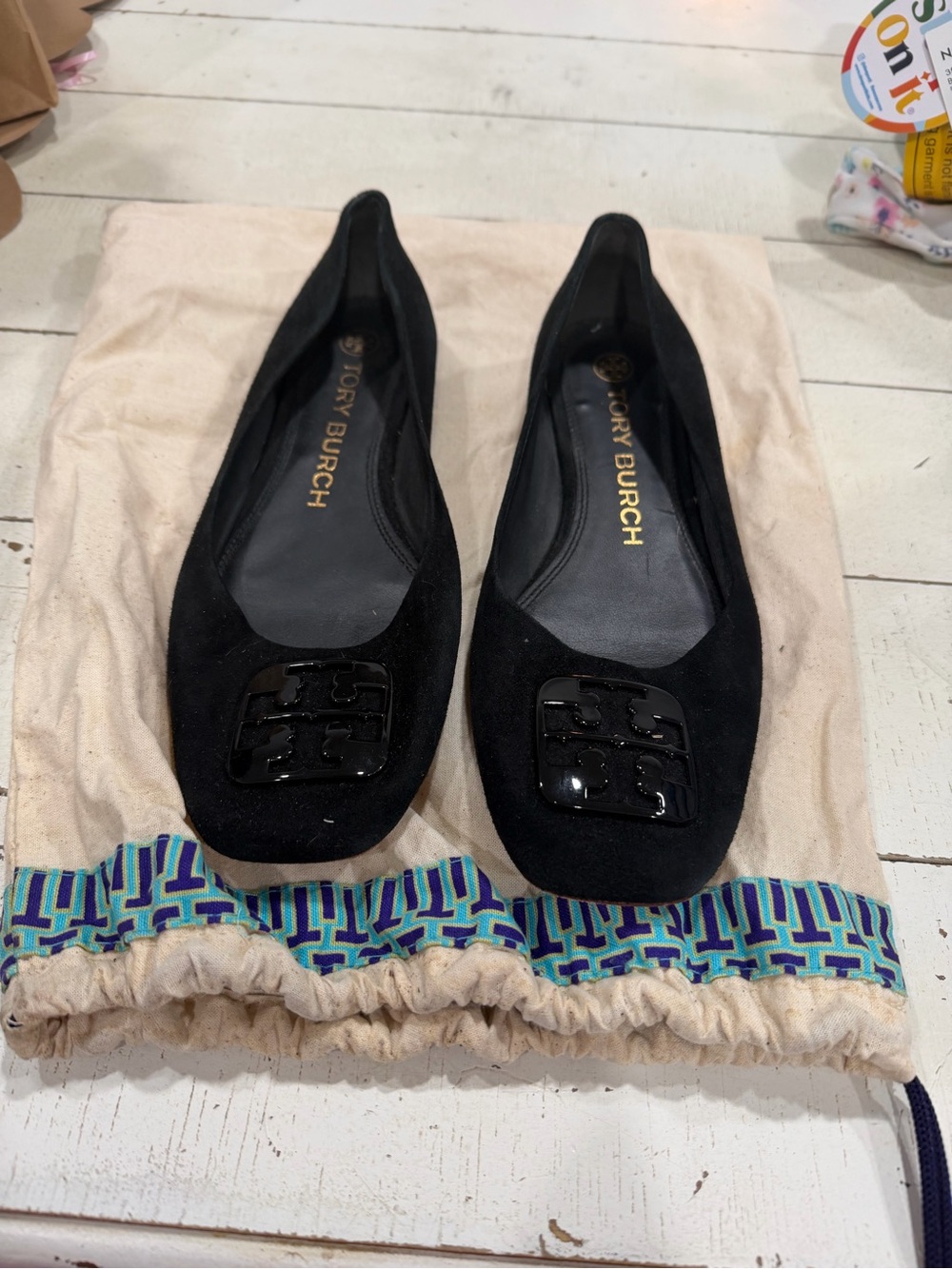 Tory Burch Black Suede Logo Square-Toe Ballet Flats